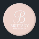 Personalised Bridesmaid's Name and Monogram Magnet<br><div class="desc">Elegant Black and White Personalised Bridesmaid Gifts
featuring personalised monogram in white elegant script font style with bridesmaid's name and title in classic serif font style on blush pink background.

Also perfect for maid of honour,  flower girl,  mother of the bride and more.</div>