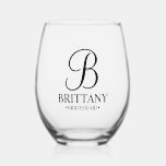 Personalised Bridesmaid's Name and Monogram Stemless Wine Glass<br><div class="desc">Elegant Personalised Bridesmaid Gifts
featuring personalised monogram in black elegant script font style with bridesmaid's name and title in classic serif font style.

Also perfect for groomsmen,  best man,  father of the bride,  maid of honour,  flower girl,  mother of the bride and more.</div>