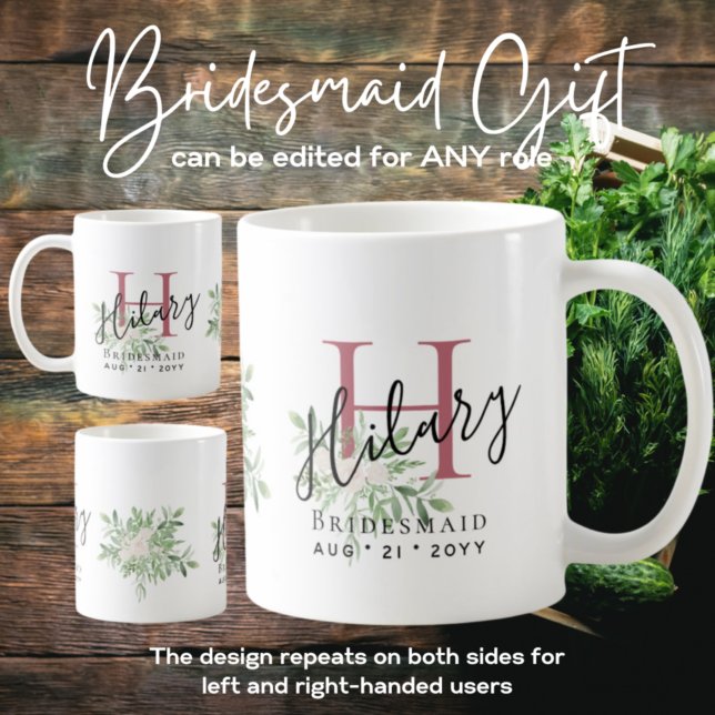 Personalised Bridesmaids Pink Initial Name Floral  Coffee Mug (Creator Uploaded)