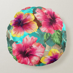 personalised bright and colourful hibiscus floral round cushion
