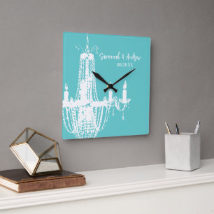 Personalised Bright Aqua Chandelier or Any Colour Square Wall Clock