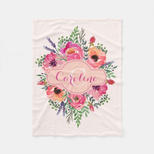 Personalised Bright Blooms - Pink & peach - Fleece Blanket (Front)