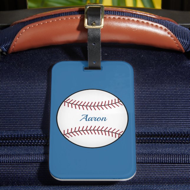 Personalised Bright Blue Baseball Luggage Tag Gift (Front Insitu 2)