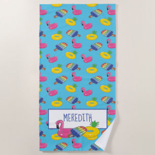 Personalised Bright Blue Pool Floats Patterned Beach Towel