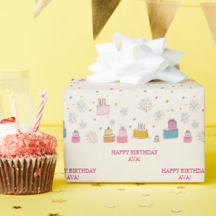Personalised Bright Cakes W/ Confetti & Fireworks Wrapping Paper