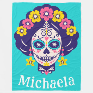 Personalised Bright Floral Sugar Skull Girl Fleece Blanket