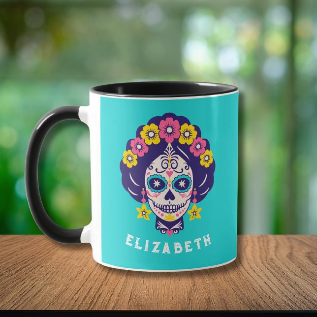 Personalised Bright Floral Sugar Skull Girl   Mug (Creator Uploaded)