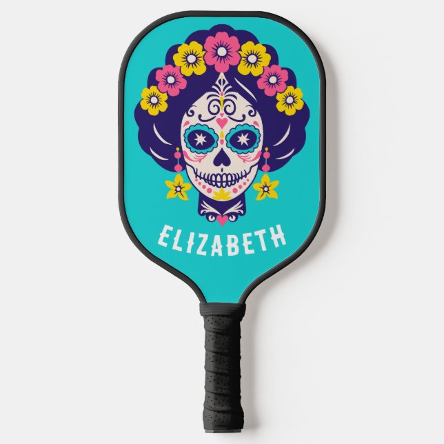 Personalised Bright Floral Sugar Skull Girl   Pickleball Paddle (Front)