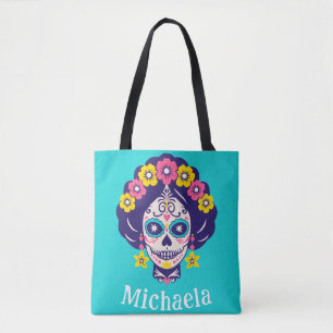 Personalised Bright Floral Sugar Skull Girl Tote Bag