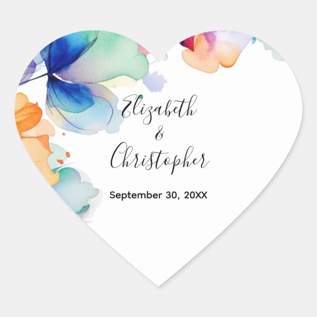 Personalised Bright Floral Watercolor Wedding  Heart Sticker (Front)