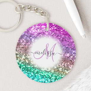 Personalised Bright Glitter Mermaid Monogram Name Key Ring