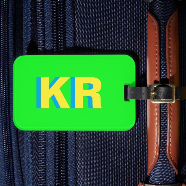 Personalised Bright Green Block Letter Monogram Luggage Tag (Front Insitu 4)