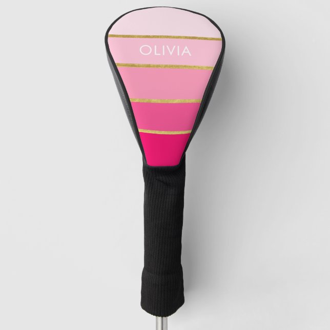 Personalised Bright Hot Pink & Gold Name Golf Head Cover (Front)