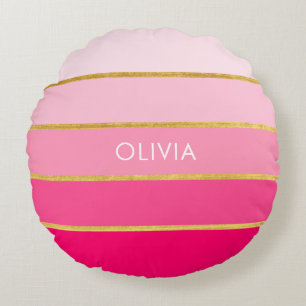 Personalised Bright Pink & Gold Name Round Cushion