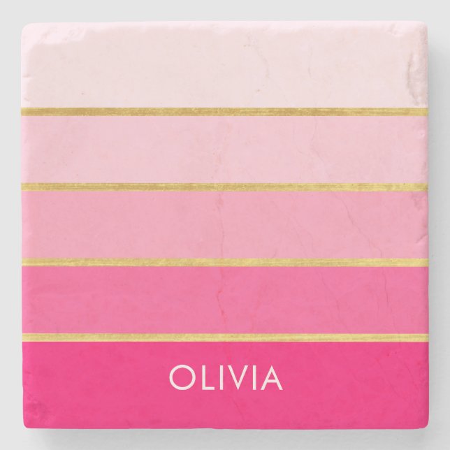Personalised Bright Pink & Gold Name Stone Coaster (Front)
