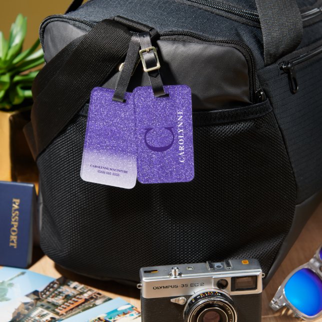 Personalised Bright Purple Glitter Monogram Luggage Tag (Front & Back)