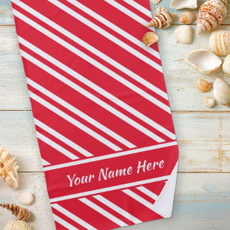 Personalised Bright Red and White Stripes Beach Towel