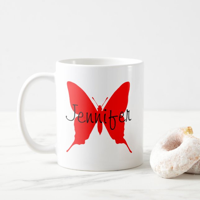 Personalised Bright Red Butterfly Coffee Mug (With Donut)
