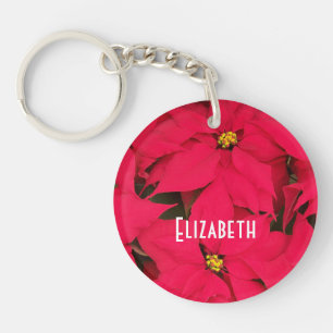Personalised Bright Red Christmas Poinsettias Key Ring