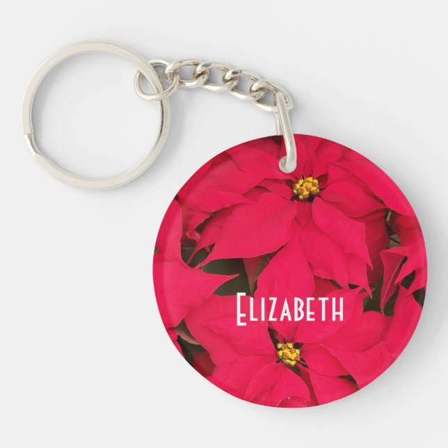Personalised Bright Red Christmas Poinsettias Key Ring (Front)