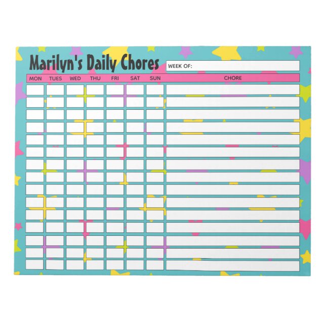 Personalised Bright Stars Daily Chores Chart Notepad (Front)