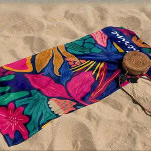 Personalised bright tropical colourful floral  beach towel