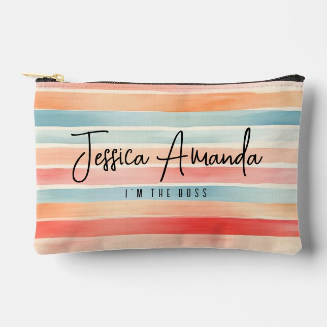 Personalised Bright Watercolor Colourful Stripe Accessory Pouch (Front)