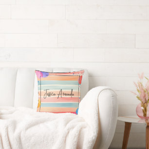 Personalised Bright Watercolor Colourful Stripe Cushion