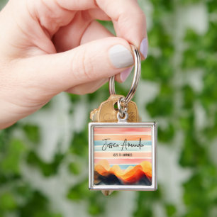 Personalised Bright Watercolor Colourful Stripe Key Ring