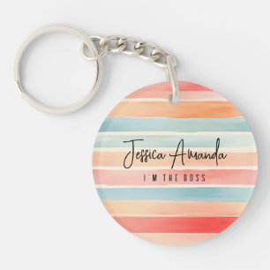Personalised Bright Watercolor Colourful Stripe Key Ring