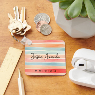 Personalised Bright Watercolor Colourful Stripe Key Ring