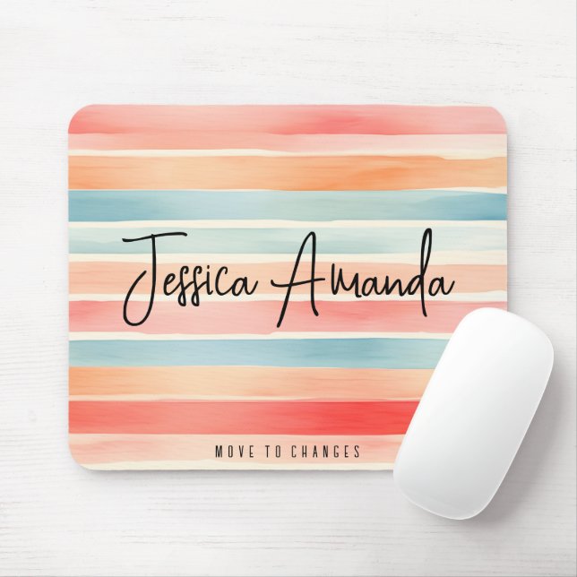 Personalised Bright Watercolor Colourful Stripe Mouse Mat (With Mouse)