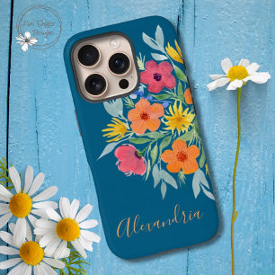 Personalised Bright Watercolor Flowers on Teal iPhone 16 Pro Case