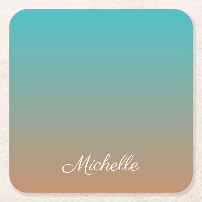 Personalised brown and blue ombre square paper coaster (Front)