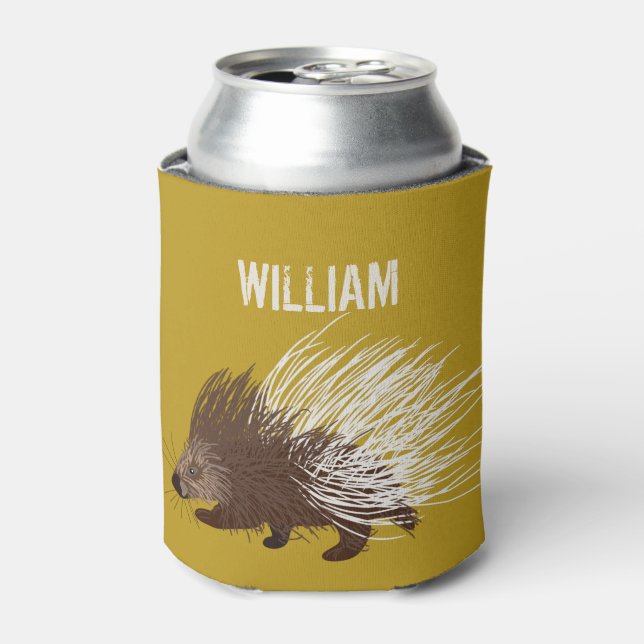 Personalised Brown and Mustard Porcupine Can Cooler (Can Front)