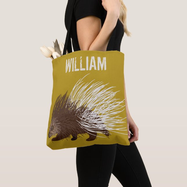 Personalised Brown and Mustard Porcupine Tote Bag (Close Up)