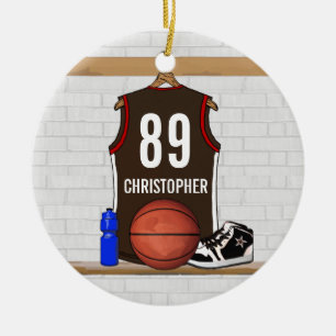 Personalised Brown and Red Basketball Jersey Ceramic Tree Decoration