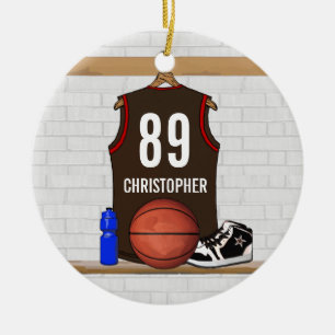 Personalised Brown and Red Basketball Jersey Ceramic Tree Decoration