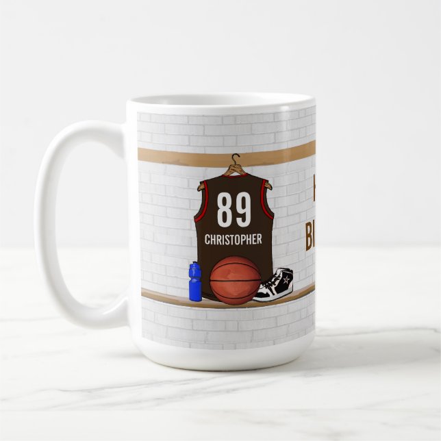 Personalised Brown and Red Basketball Jersey Coffee Mug (Left)