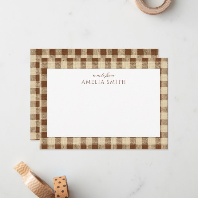 Personalised Brown coffee Gingham Notecard (Front/Back In Situ)