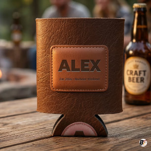 Personalised Brown Faux Leather Bachelor Party C Can Cooler