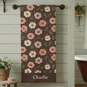 Personalised Brown Floral Bath Towel