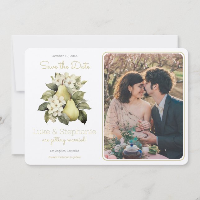 Personalised Brown Green Pear Photo Save The Date  Invitation (Front)