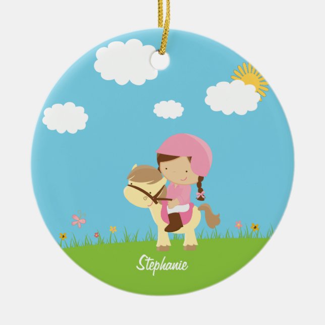 Personalised brown hair horse rider girl ornament (Front)