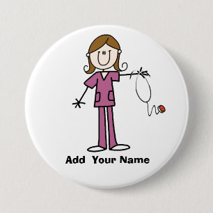 Personalised Brown Hair Stick Figure Nurse  Button