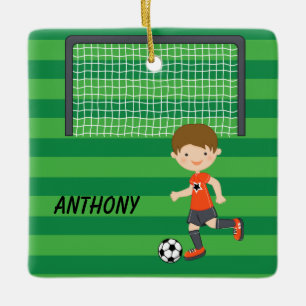 Personalised Brown Haired Soccer Boy Christmas Ceramic Ornament