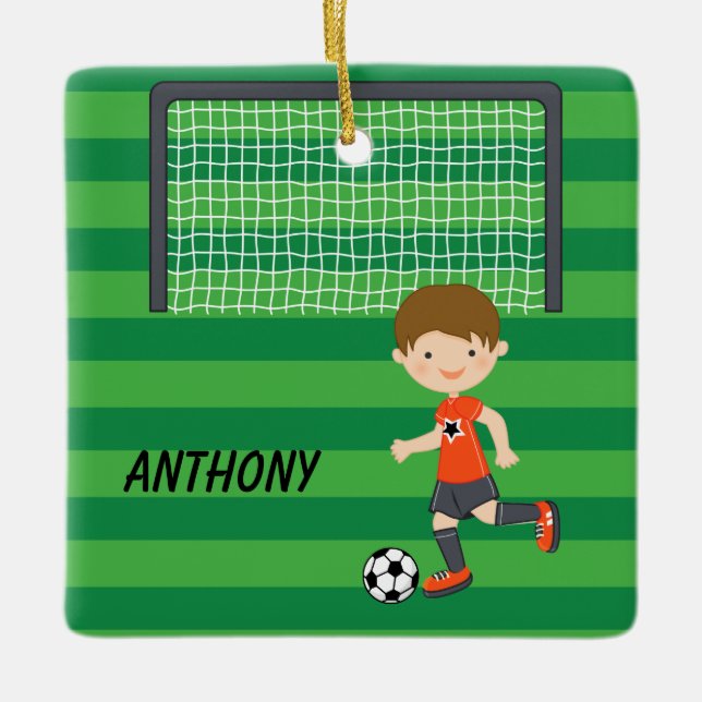 Personalised Brown Haired Soccer Boy Christmas Ceramic Ornament (Front)