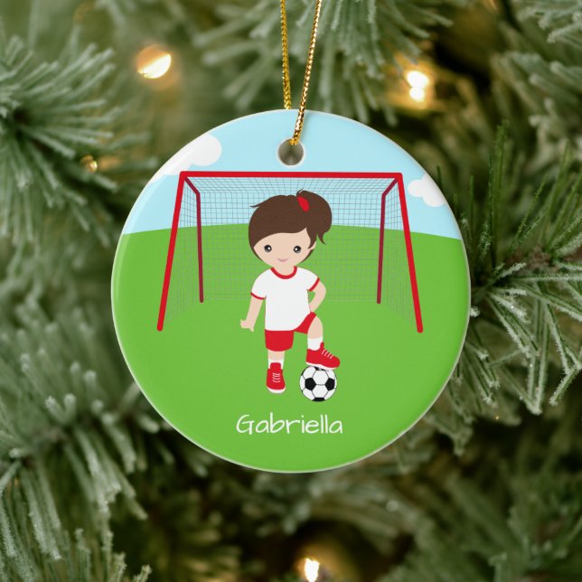Personalised Brown Haired Soccer Girl Christmas Ceramic Tree Decoration (Tree)