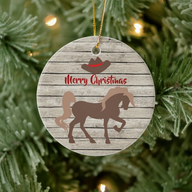 Personalised Brown Horse and Cowboy Hat Christmas Ceramic Tree Decoration (Tree)