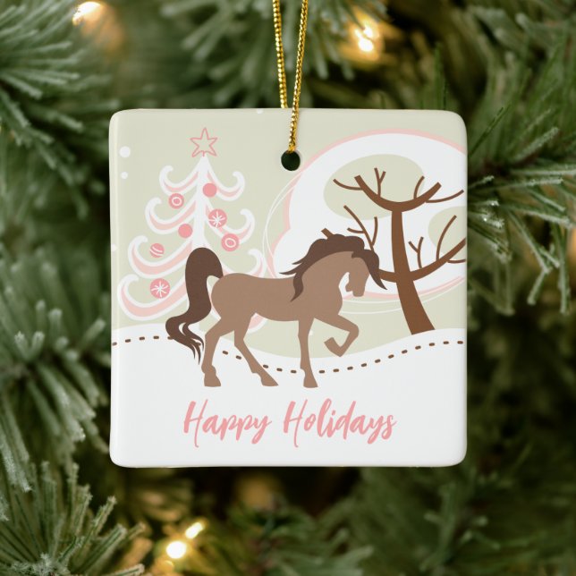 Personalised Brown Horse Pink Snowy Christmas Ceramic Ornament (Tree)